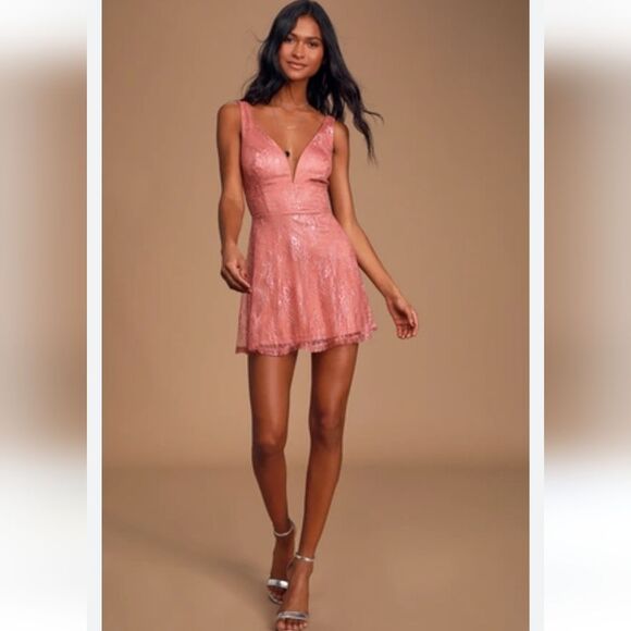 Lulus Fueled by Love Mauve Pink Lace Mini Skater Dress Size S - Picture 1 of 15